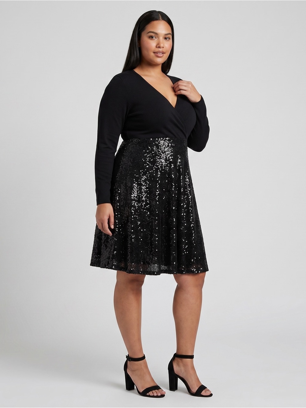 Torrid Black Deep V Sequin Mixed Knit LS Skater Dress Party Evening Glam NEW 22